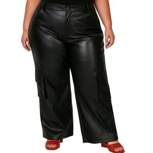 Deadstock Forever 21 Cargo Leather Pants 1X Black High Waisted Wide Leg